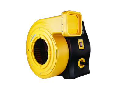 A yellow and black industrial centrifugal fan or blower unit with a circular intake opening, a top outlet flange, and a side control panel, isolated on a white background.