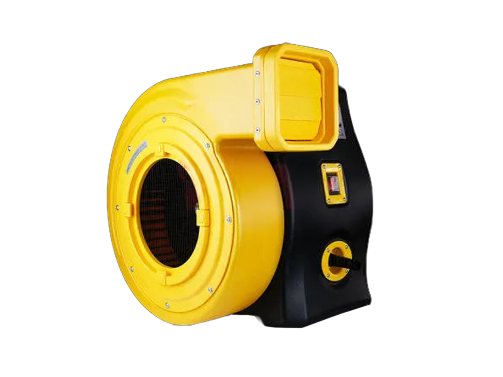 A yellow and black industrial centrifugal fan or blower unit with a circular intake opening, a top outlet flange, and a side control panel, isolated on a white background.