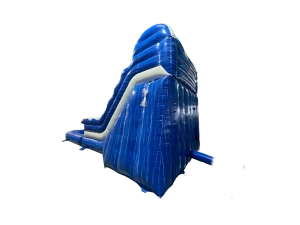 Airquee 9ft blue and white inflatable slide with an attached splash pool for outdoor summer events.
