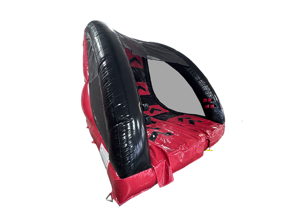 An inflatable pool or play structure with a black and red color scheme, featuring a clear window, shown against a plain white background.