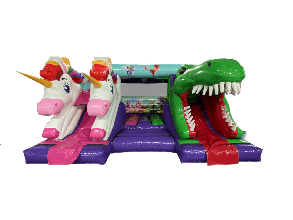 Escorrega Duplo Unicórnio vs Dinossauro 5,5x4,6m Combinado