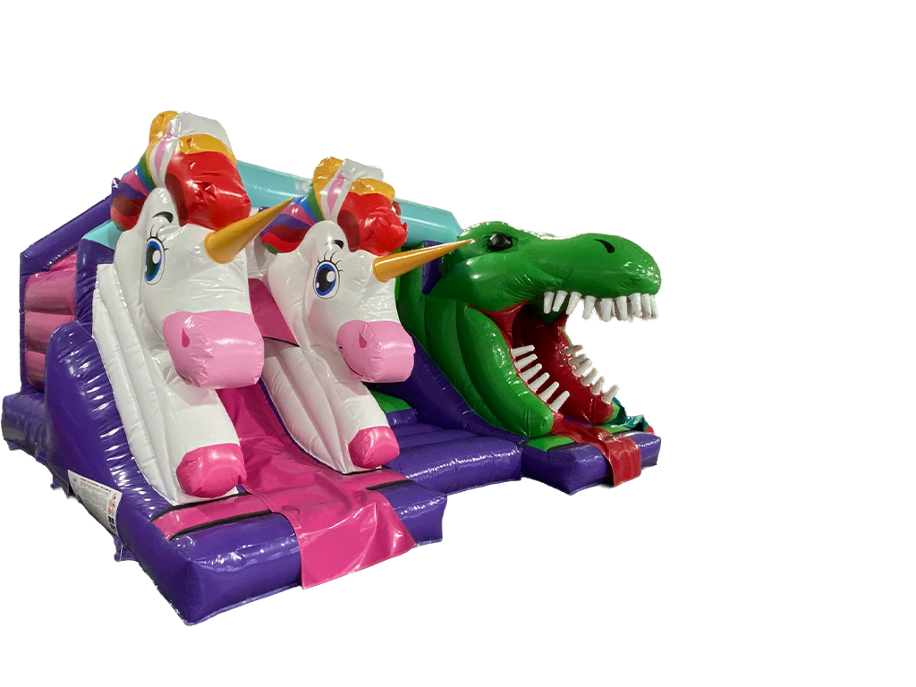 Escorrega Duplo Unicórnio vs Dinossauro 5,5x4,6m Combinado