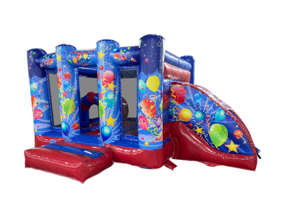 Castillo inflable midi con tobogán lateral rojo y azul para fiestas