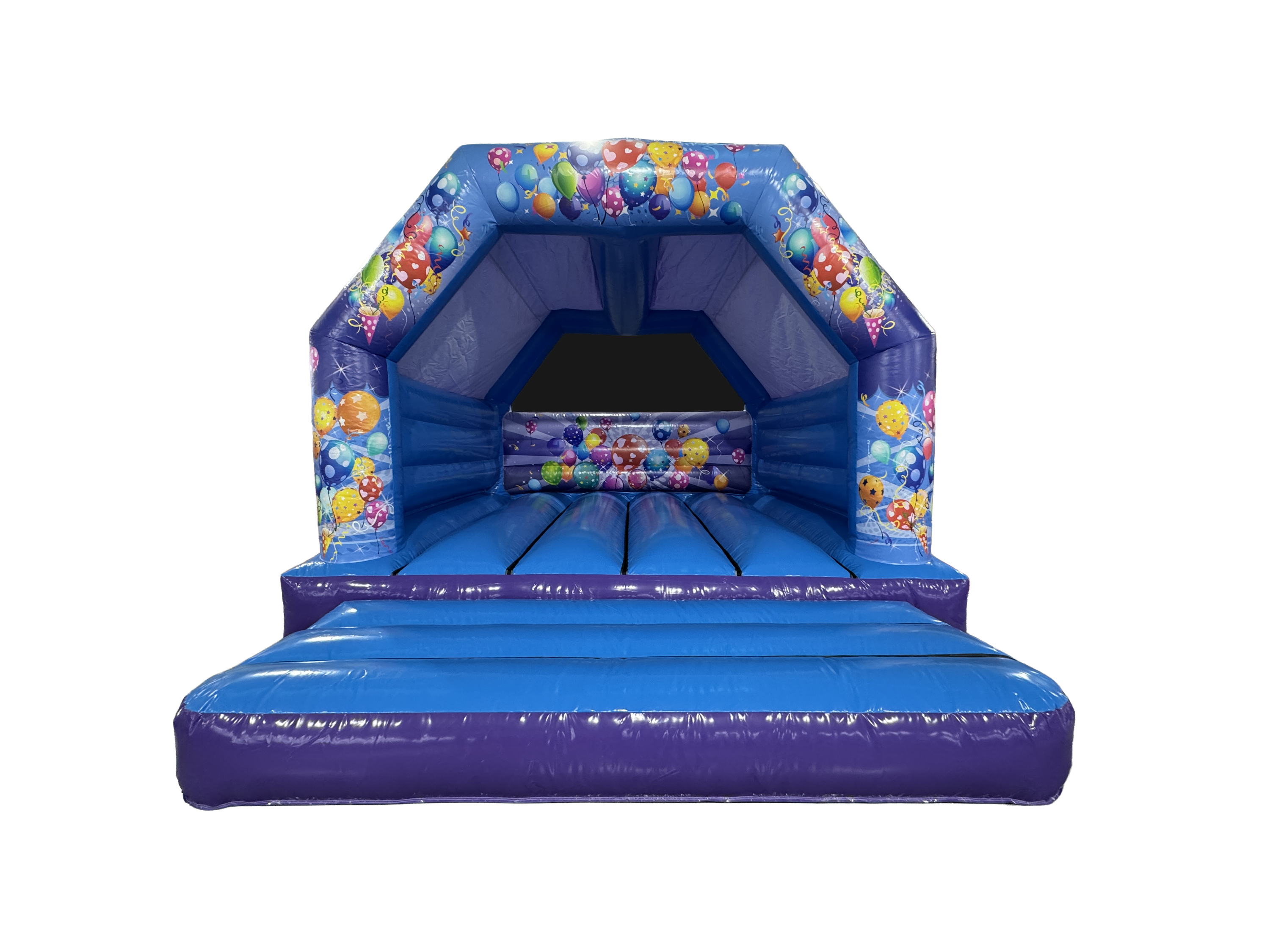 A blue inflatable bounce house with a ball pit and colorful balloon graphics, isolated on a white background.