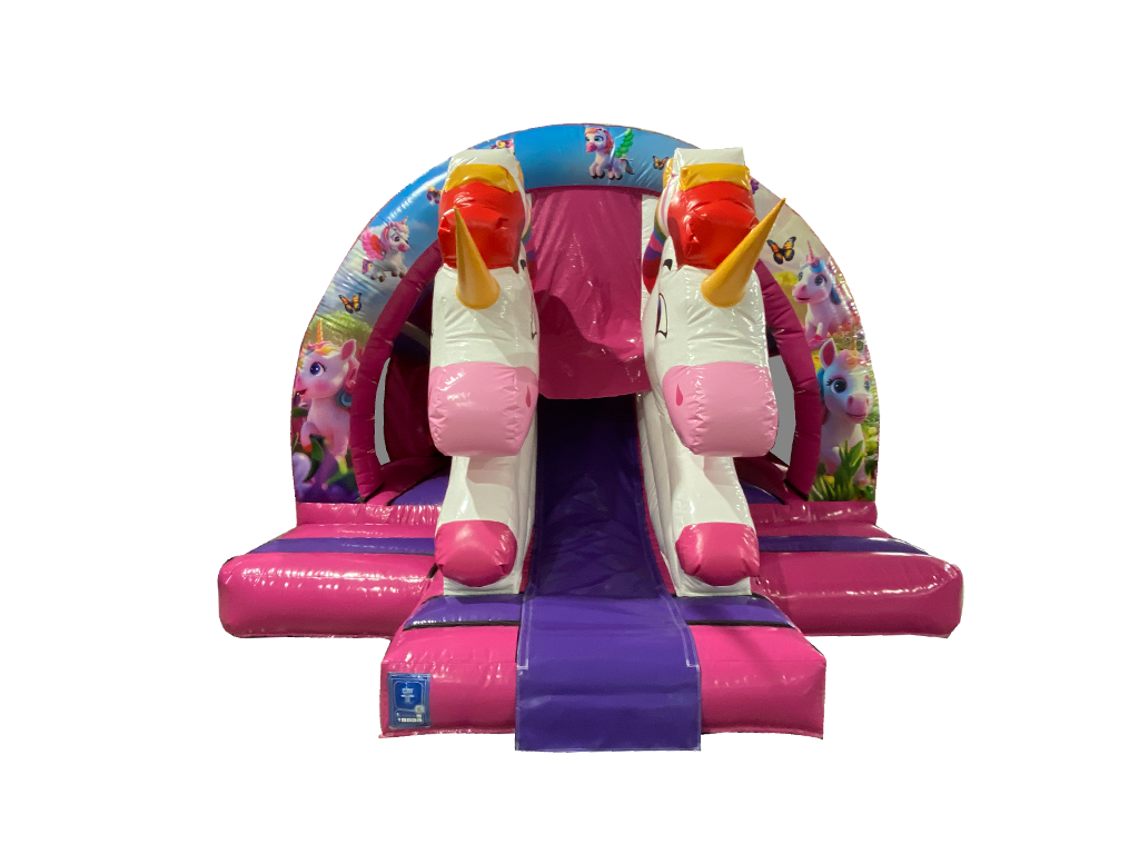 5x4.3m Purple & Fuchsia 3D Unicorn Curved Front Slide Combi