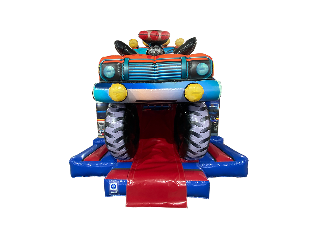 Combinado com Escorrega Frontal Médio 3D de Camião Monstro Vermelho e Azul 5.5x4m