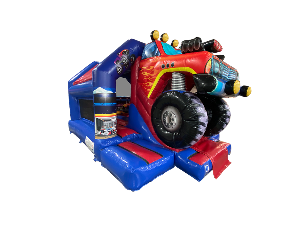 Combinado com Escorrega Frontal Médio 3D de Camião Monstro Vermelho e Azul 5.5x4m