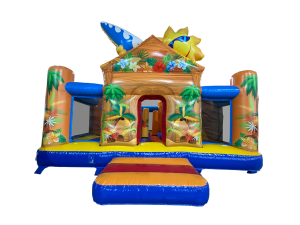 Airquee Hawaiian Multiplay inflatable with slide, biff bash obstacles and mesh sides