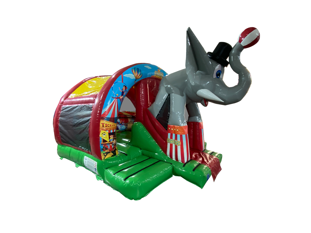 Combi toboggan courbé éléphant 3D vert et rouge 5x4,3m