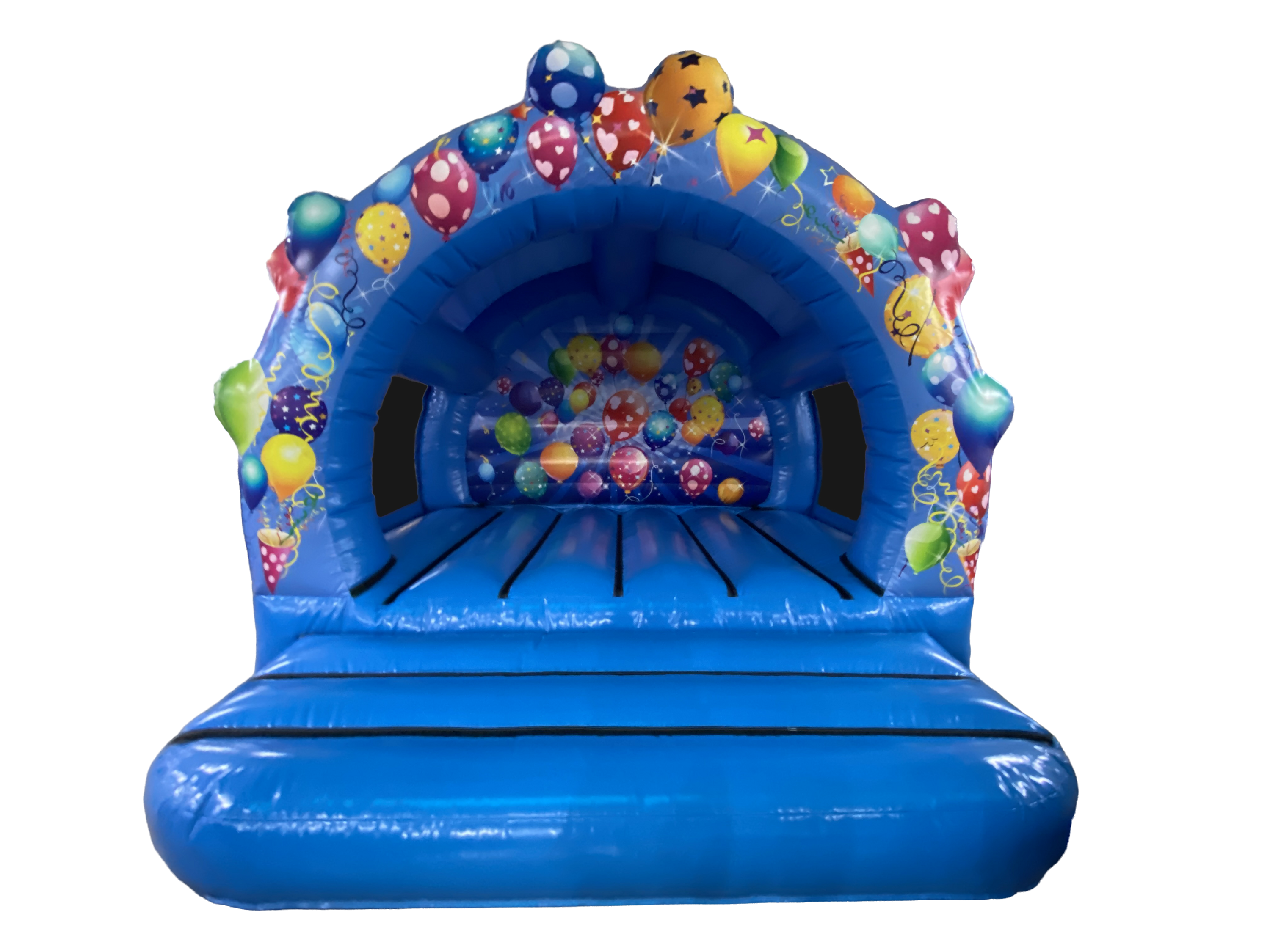 A blue inflatable bounce house with a ball pit and colorful balloon decorations, isolated on a white background.
