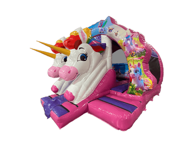 16ft x 14ft Fuchsia and Purple Front Slide Unicorn Contoured Curved Bouncer