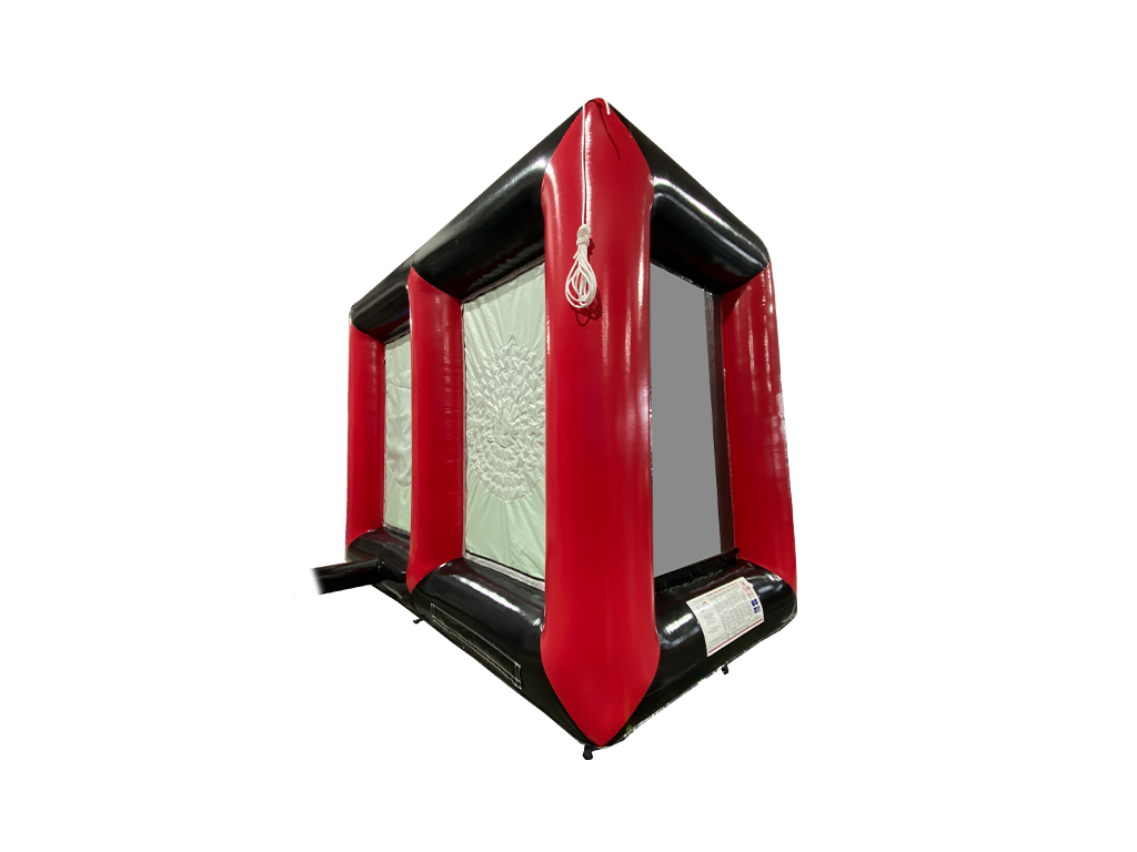 Airquee 2 in 1 inflatable sports game with red and black PVC frame featuring axe throwing and dartboard targets.