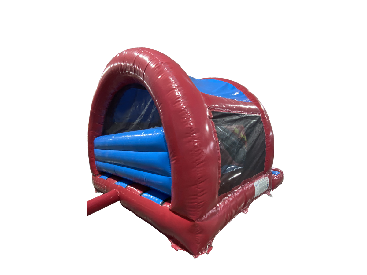 Airquee 3D fire truck inflatable combi with a curved front slide and enclosed bounce area for children