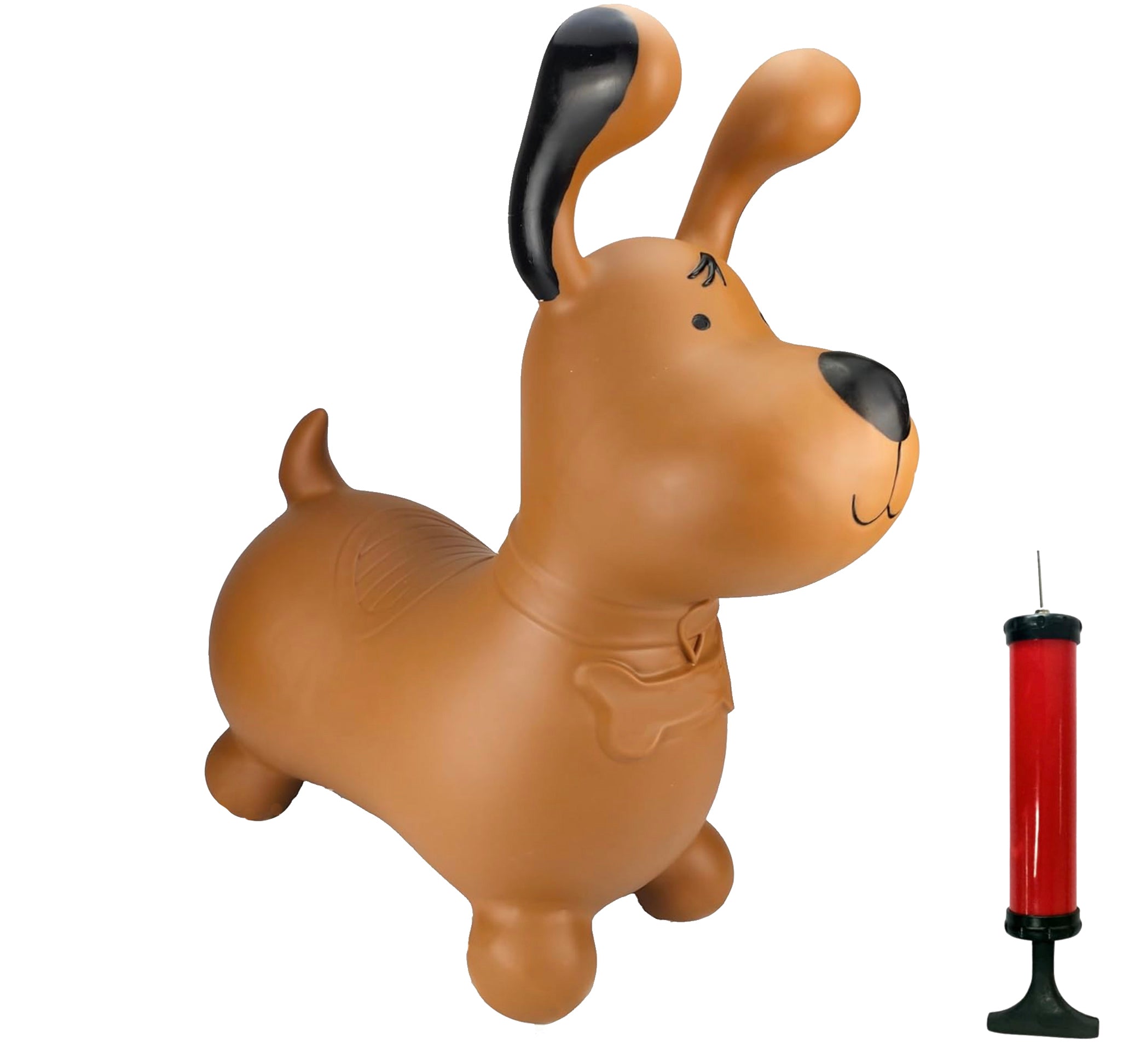 A brown inflatable dog-shaped bounce ride toy shown with a red and black hand pump on a plain white background.