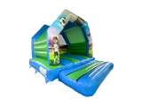 A soccer-themed inflatable bounce house with a blue and green design, featuring printed graphics of a soccer player and ball, shown on a plain white background.