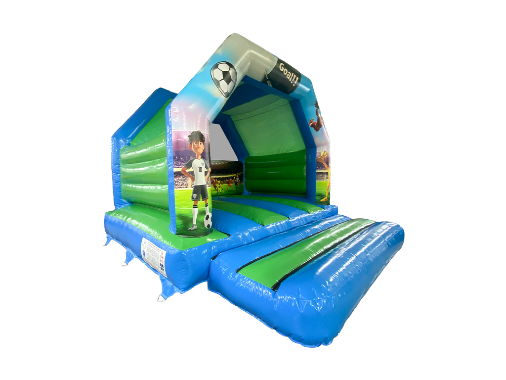 A soccer-themed inflatable bounce house with a blue and green design, featuring printed graphics of a soccer player and ball, shown on a plain white background.