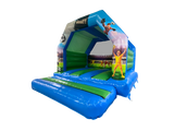 Blue and green inflatable soccer-themed bounce house with a goal arch, printed graphics of soccer players, and a jumping mat on a white background.