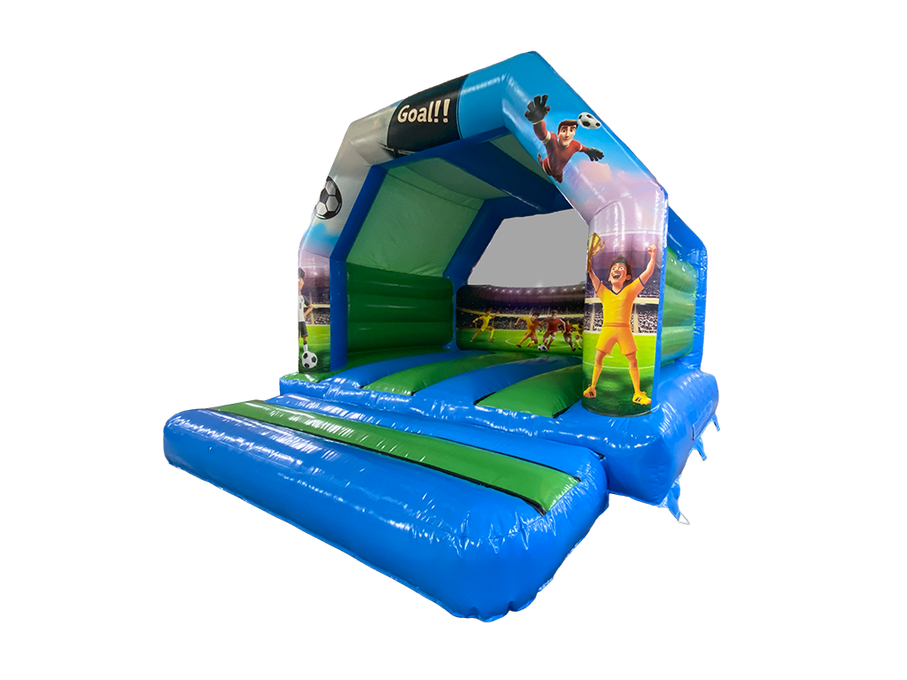 Blue and green inflatable soccer-themed bounce house with a goal arch, printed graphics of soccer players, and a jumping mat on a white background.