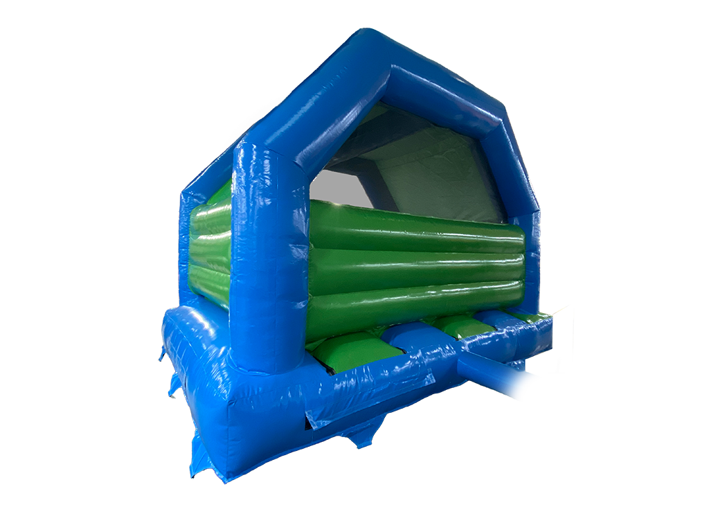 An inflatable bouncy castle with a blue exterior frame and green interior padding, shown on a plain white background.