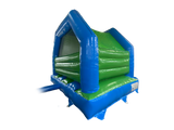 An inflatable bouncy castle with a blue frame and green padded interior, shown on a plain white background.