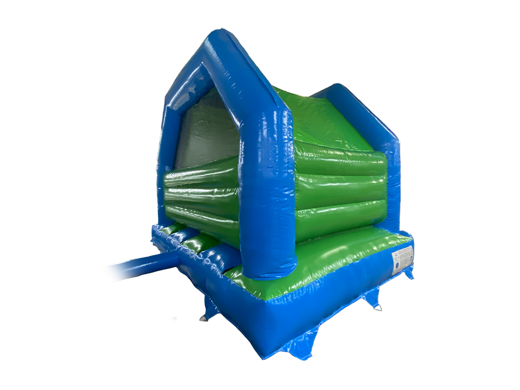 An inflatable bouncy castle with a blue frame and green padded interior, shown on a plain white background.