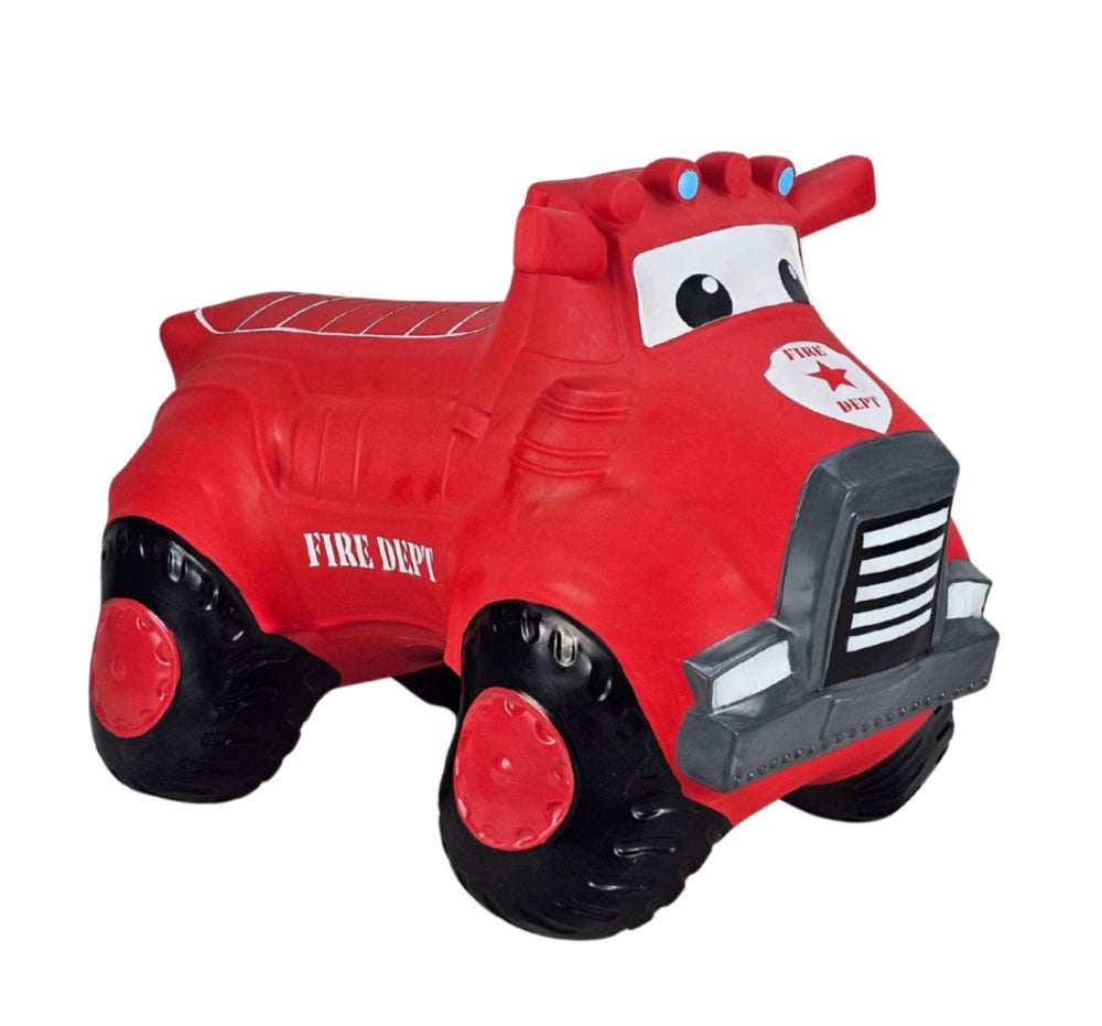 Red toy fire truck with a smiling face on a white background