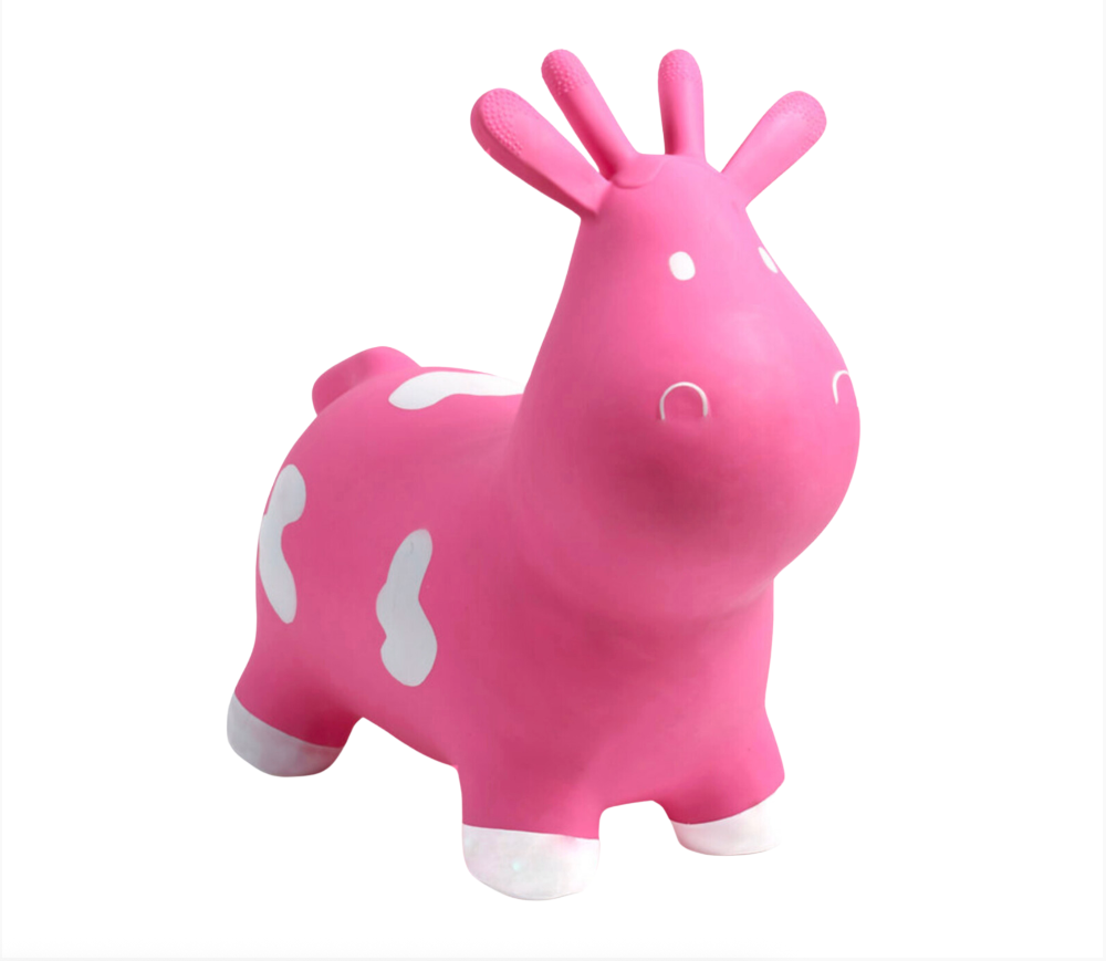 A pink inflatable or rubbery cow-shaped toy with white spots and white hooves, shown on a plain white background.