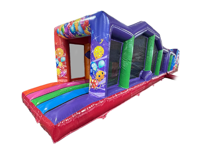 Airquee 18m 2-part multicoloured inflatable obstacle course with balloon graphics for commercial event hire.