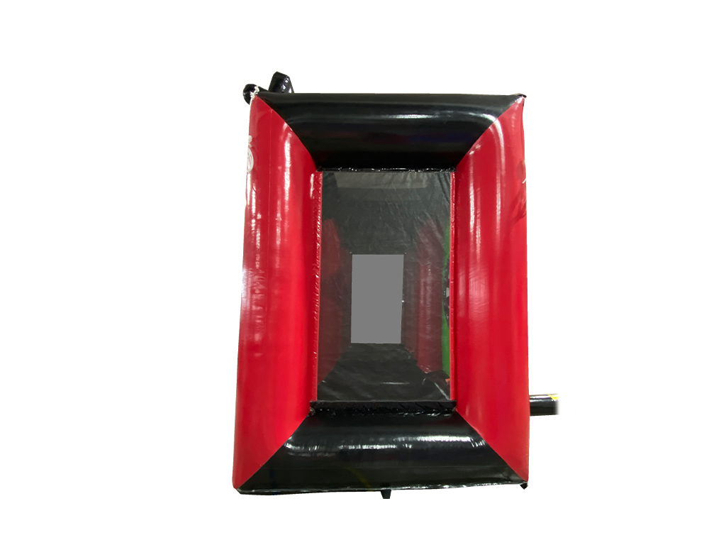 Airquee 2 in 1 inflatable sports game with red and black PVC frame for axe throwing and dartboard challenges.