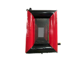 Airquee 2 in 1 inflatable sports game with red and black PVC frame for axe throwing and dartboard challenges.