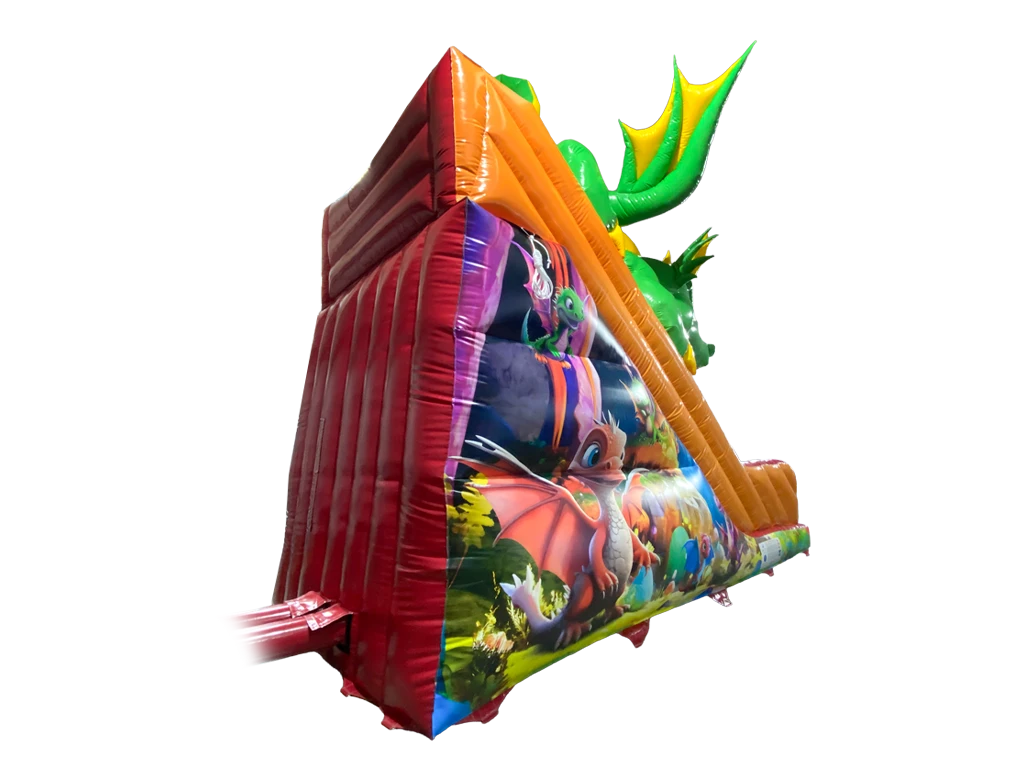 Airquee 3.5m platform inflatable dragon slide with colourful 3D dragon graphics and glossy PVC finish