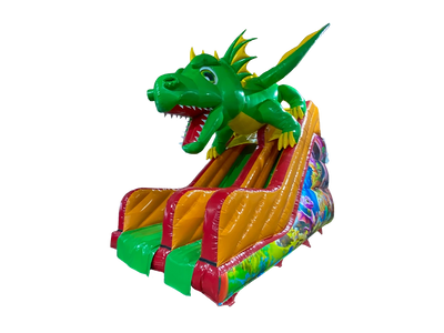 Airquee 3.5m platform inflatable slide featuring a large 3D green dragon head and colourful gloss PVC design.