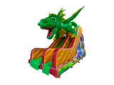 Airquee 3.5m platform inflatable slide featuring a large 3D green dragon head and colourful gloss PVC design.