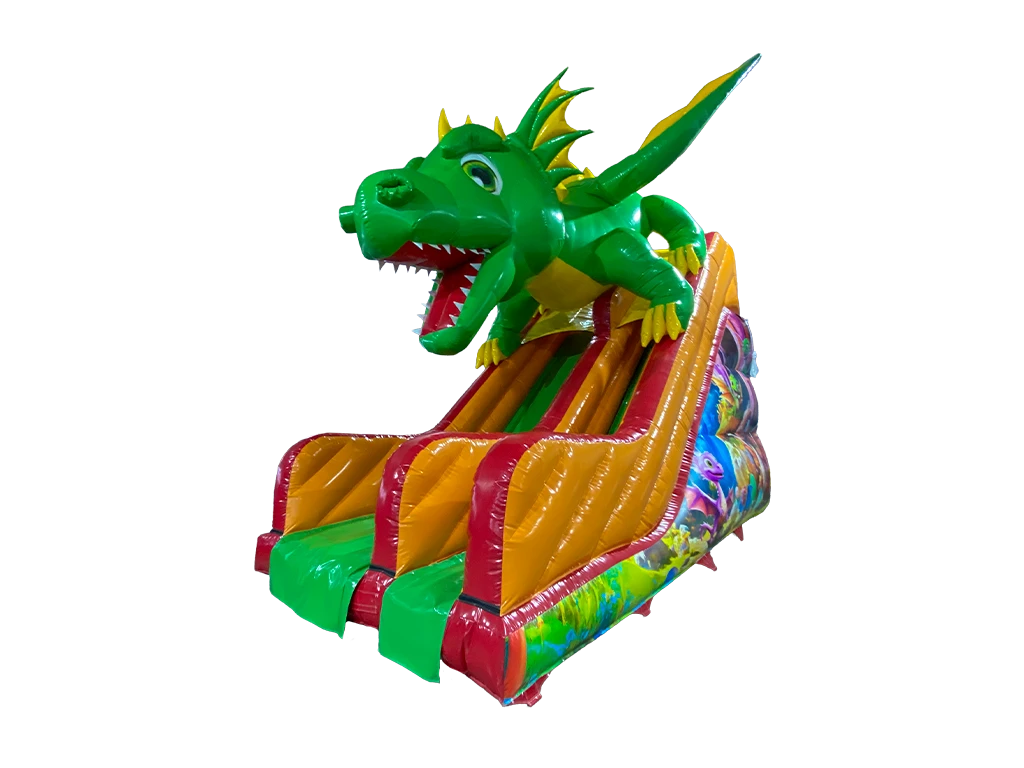 Airquee 3.5m platform inflatable slide featuring a large 3D green dragon head and colourful gloss PVC design.
