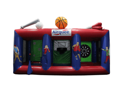 Airquee 3 in 1 inflatable sports game featuring baseball, basketball, and dartboard targets in red and blue PVC.