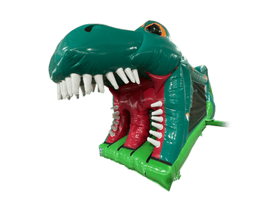 Airquee 1 Part 3D Dinosaur Fun Run featuring a giant green inflatable T-Rex head entrance with sharp white teeth.