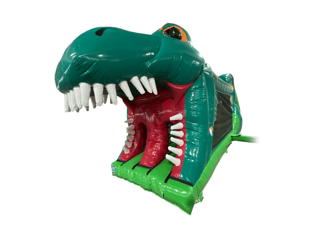 Airquee 1 Part 3D Dinosaur Fun Run featuring a giant green inflatable T-Rex head entrance with sharp white teeth.