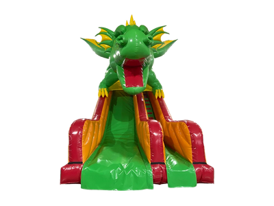Airquee 3.5m platform inflatable slide featuring a large 3D dragon head design in vibrant green, red, and yellow PVC.