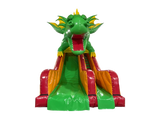 Airquee 3.5m platform inflatable slide featuring a large 3D dragon head design in vibrant green, red, and yellow PVC.