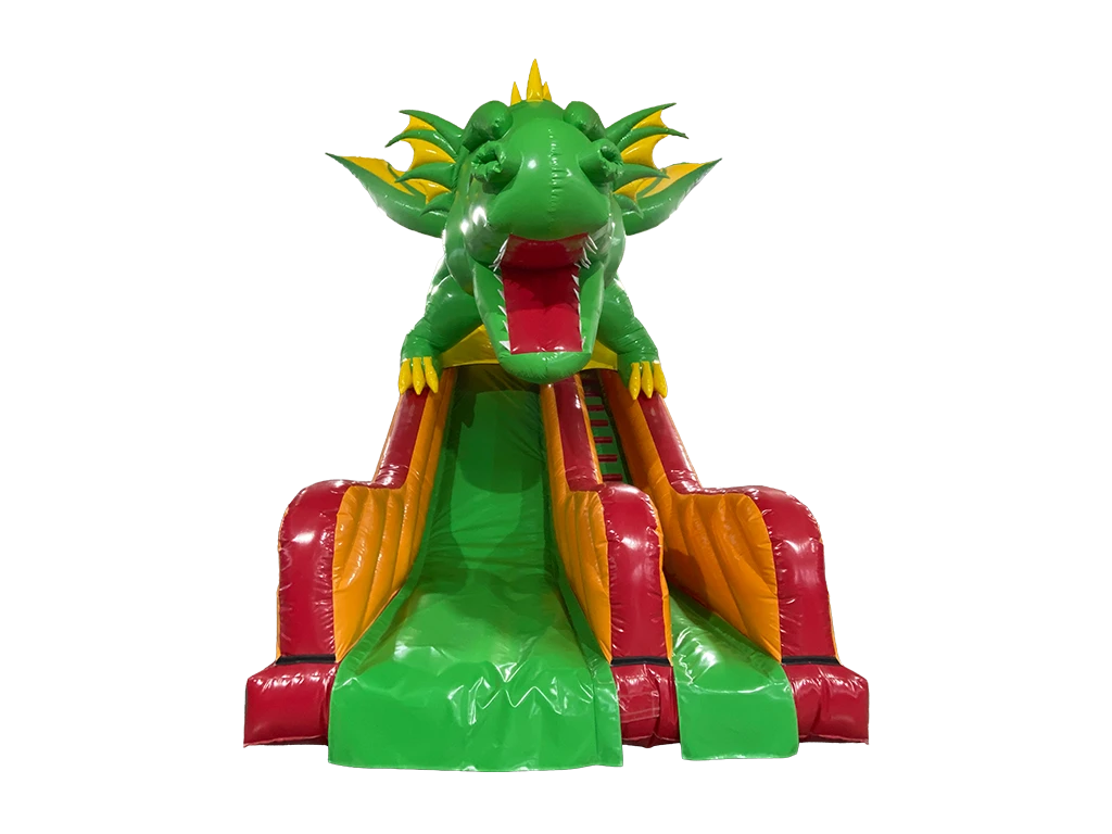 Airquee 3.5m platform inflatable slide featuring a large 3D dragon head design in vibrant green, red, and yellow PVC.