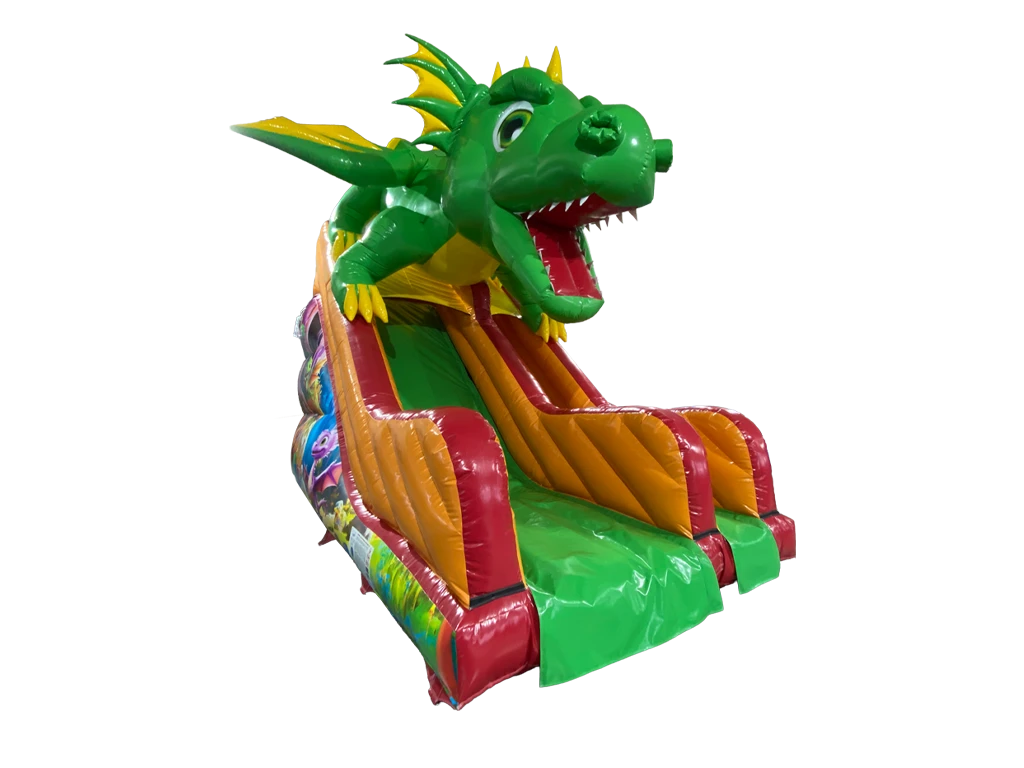 Airquee 3.5m inflatable dragon slide with a large green 3D dragon head, glossy PVC finish, and vibrant red accents.