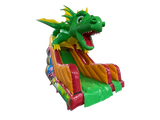 Airquee 3.5m inflatable dragon slide with a large green 3D dragon head, glossy PVC finish, and vibrant red accents.