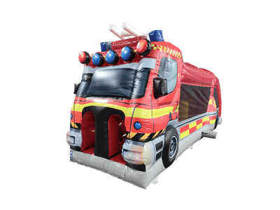 Airquee 1 Part 3D Fire Truck Fun Run inflatable obstacle course with bright red engine styling and emergency lights.