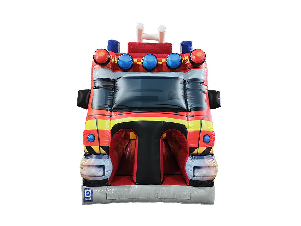 Airquee 1 Part 3D Fire Truck Fun Run inflatable obstacle course with realistic emergency vehicle styling and lights