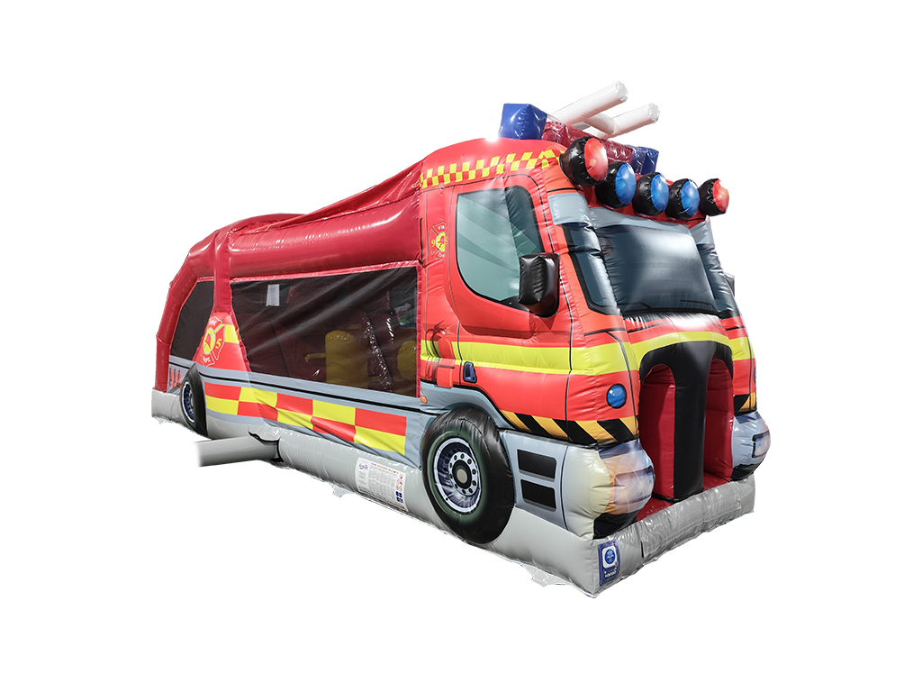 Airquee 3D fire truck inflatable fun run with obstacle course, slide, and realistic red emergency vehicle detailing.