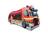 Airquee 3D fire truck inflatable fun run with obstacle course, slide, and realistic red emergency vehicle detailing.