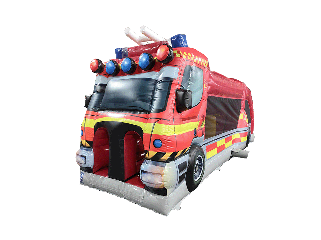 Airquee 1 Part 3D Fire Truck Fun Run inflatable obstacle course with bright red engine styling and emergency lights.