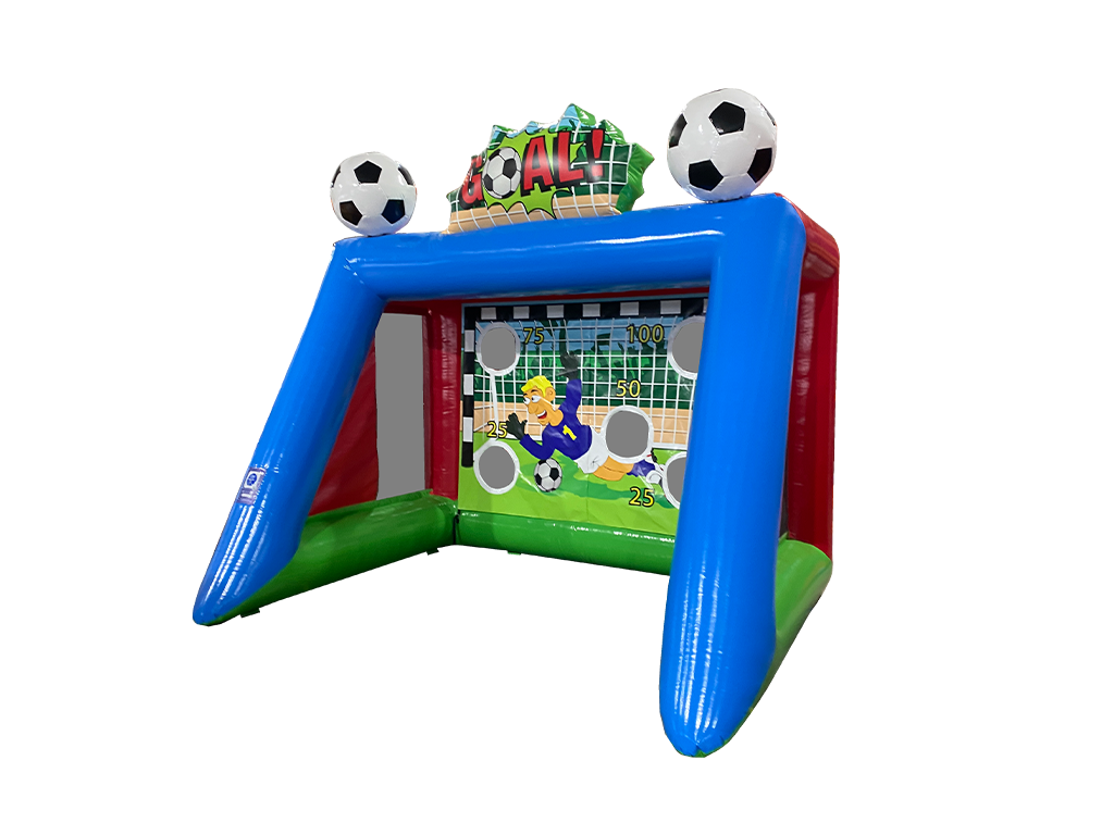 Airquee 3D Football Shootout inflatable game with giant 3D footballs, goal header, and target holes for accuracy.