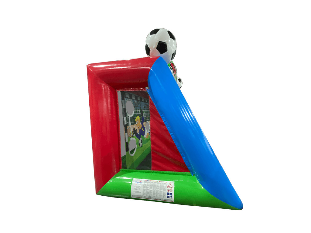 Airquee 3D Football Shootout inflatable game with red, blue, and green frame, target holes, and 3D football topper.