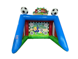 Airquee 3D Football Shootout inflatable game with giant goal header, target holes, and 3D footballs on the roof.